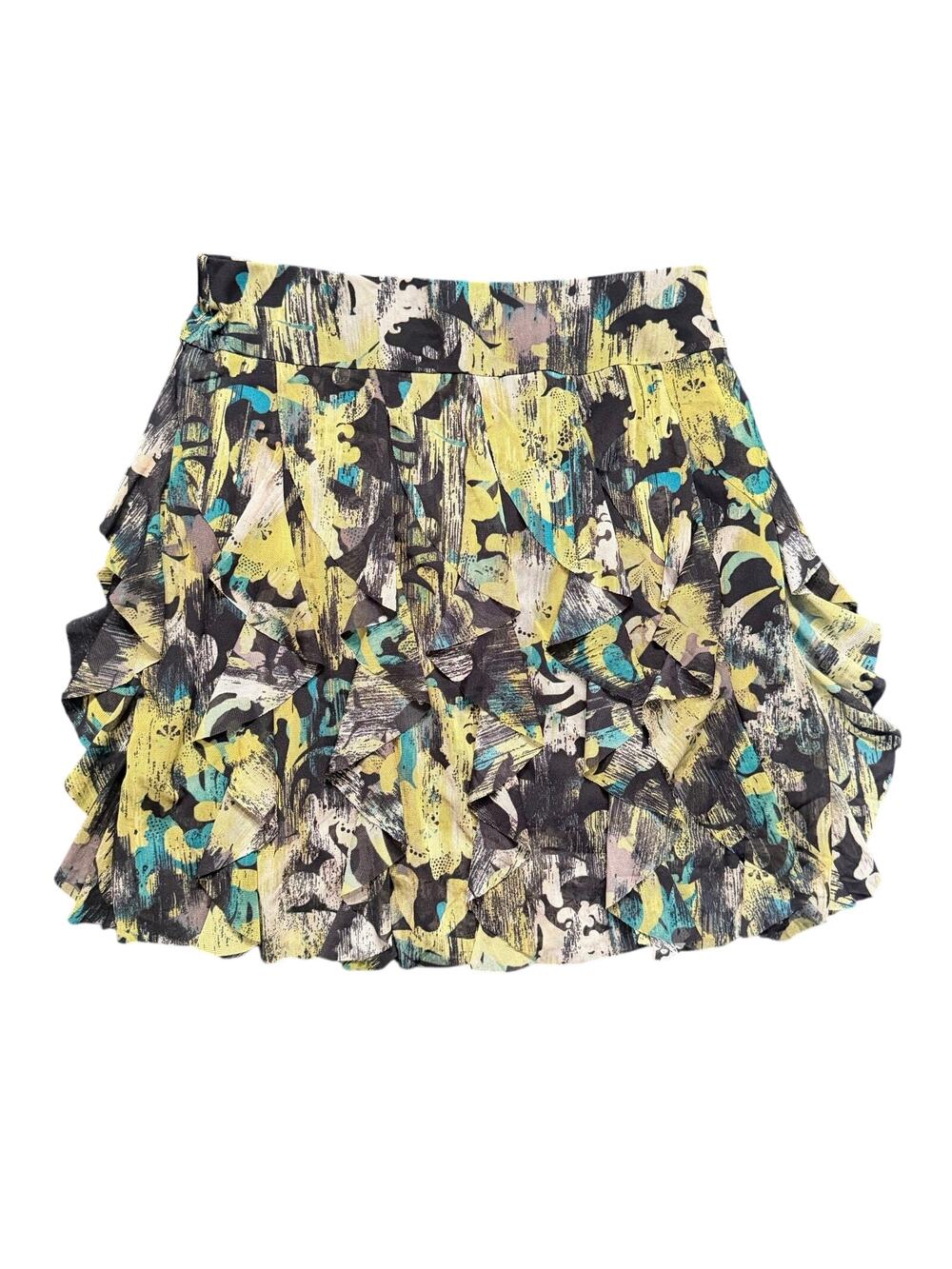 Y2K Abstract Floral Tiered Ruffle Mini Skirt Green Black Teal Mesh Size PS